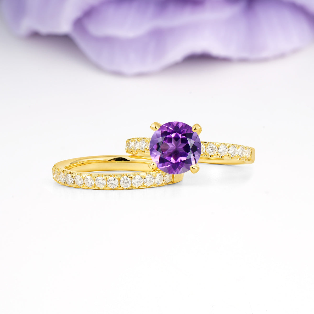 Luxurious and Dazzling 4 Prong Round Cut Amethyst Bridal Ring Set - Rose-Gold