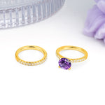 Luxurious and Dazzling 4 Prong Round Cut Amethyst Bridal Ring Set - White-Gold