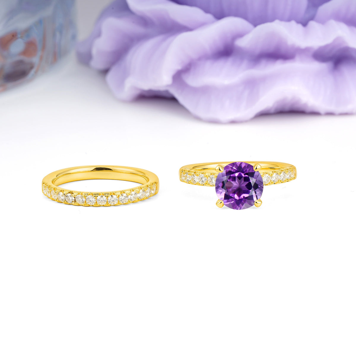 Luxurious and Dazzling 4 Prong Round Cut Amethyst Bridal Ring Set - Additional view