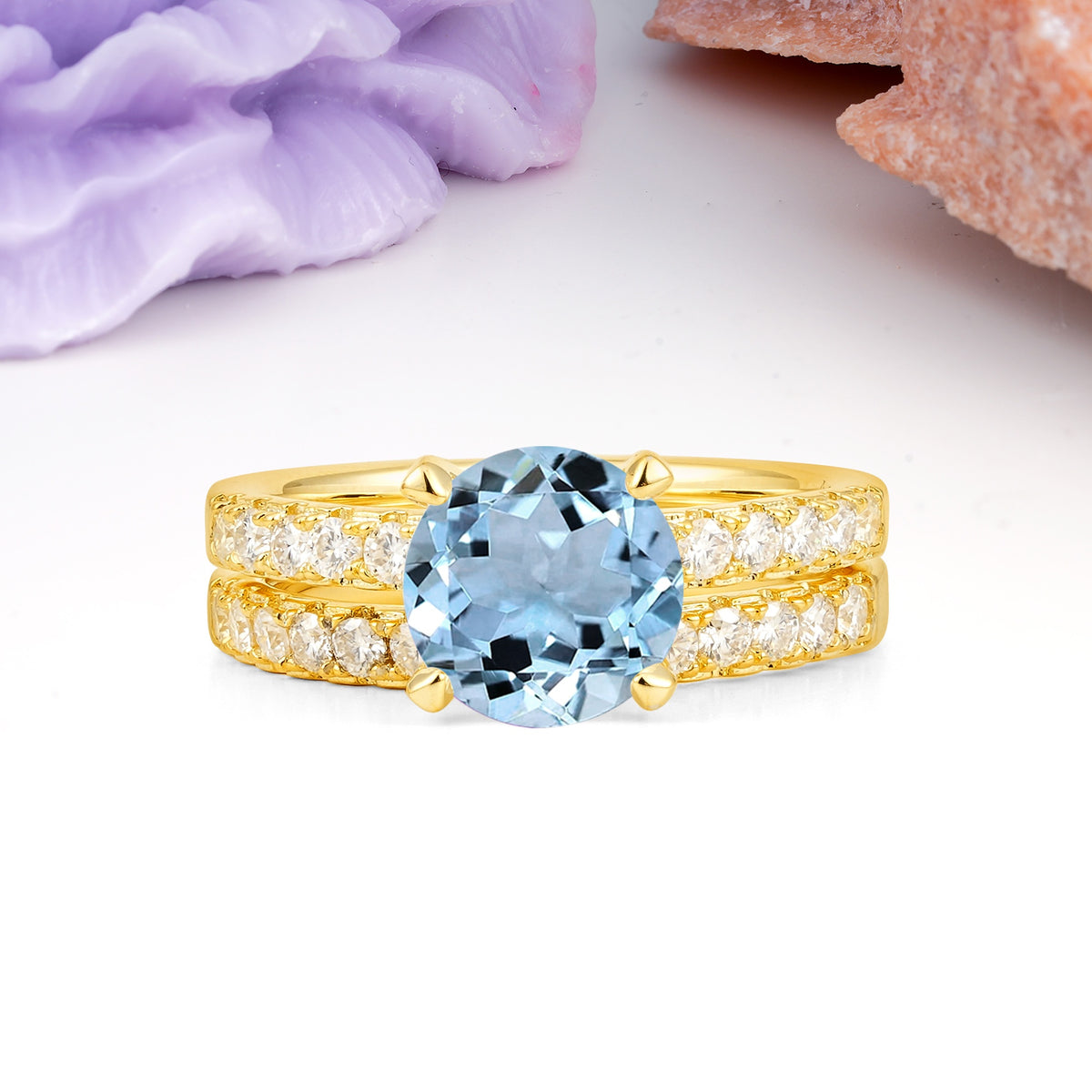 Luxurious and Dazzling 4 Prong Round Cut Aquamarine Bridal Ring Set - Yellow-Gold