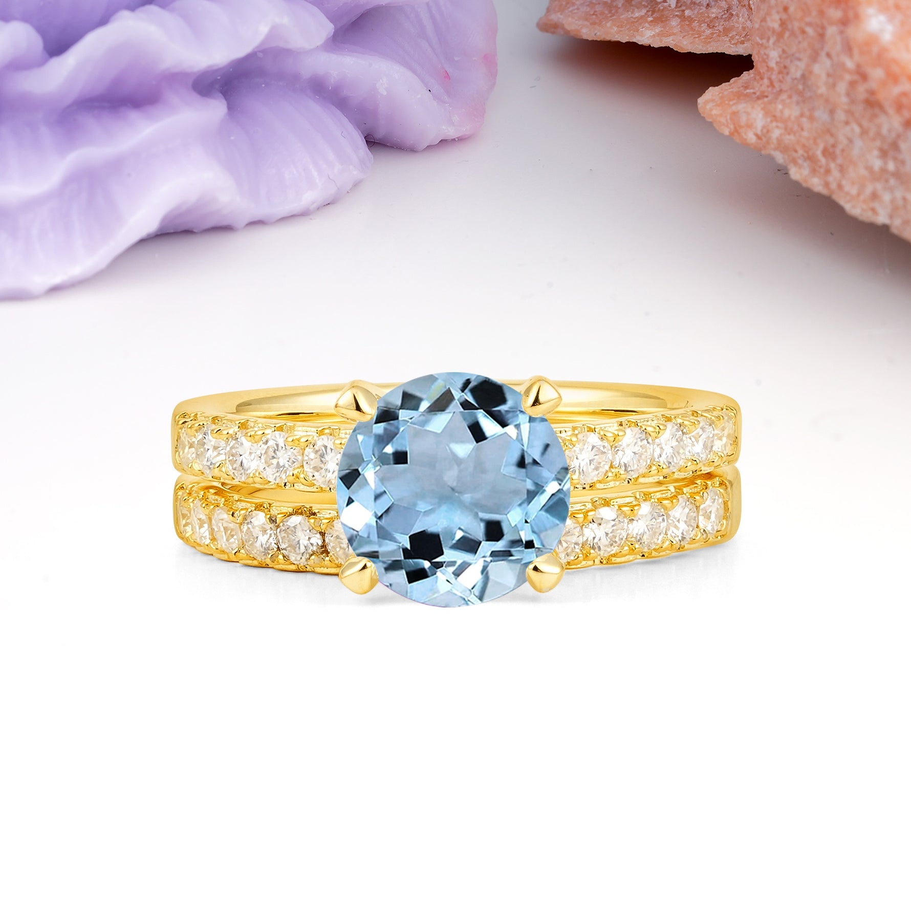Luxurious and Dazzling 4 Prong Round Cut Aquamarine Bridal Ring Set - Yellow-Gold