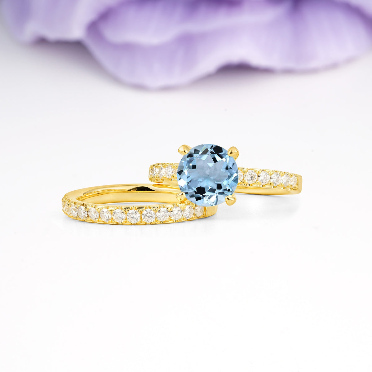 Luxurious and Dazzling 4 Prong Round Cut Aquamarine Bridal Ring Set - Rose-Gold