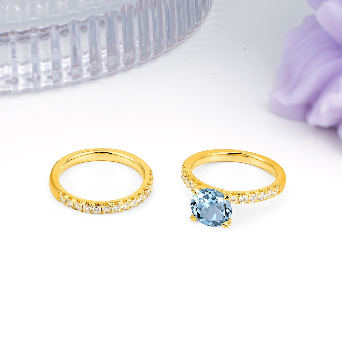 Luxurious and Dazzling 4 Prong Round Cut Aquamarine Bridal Ring Set - White-Gold