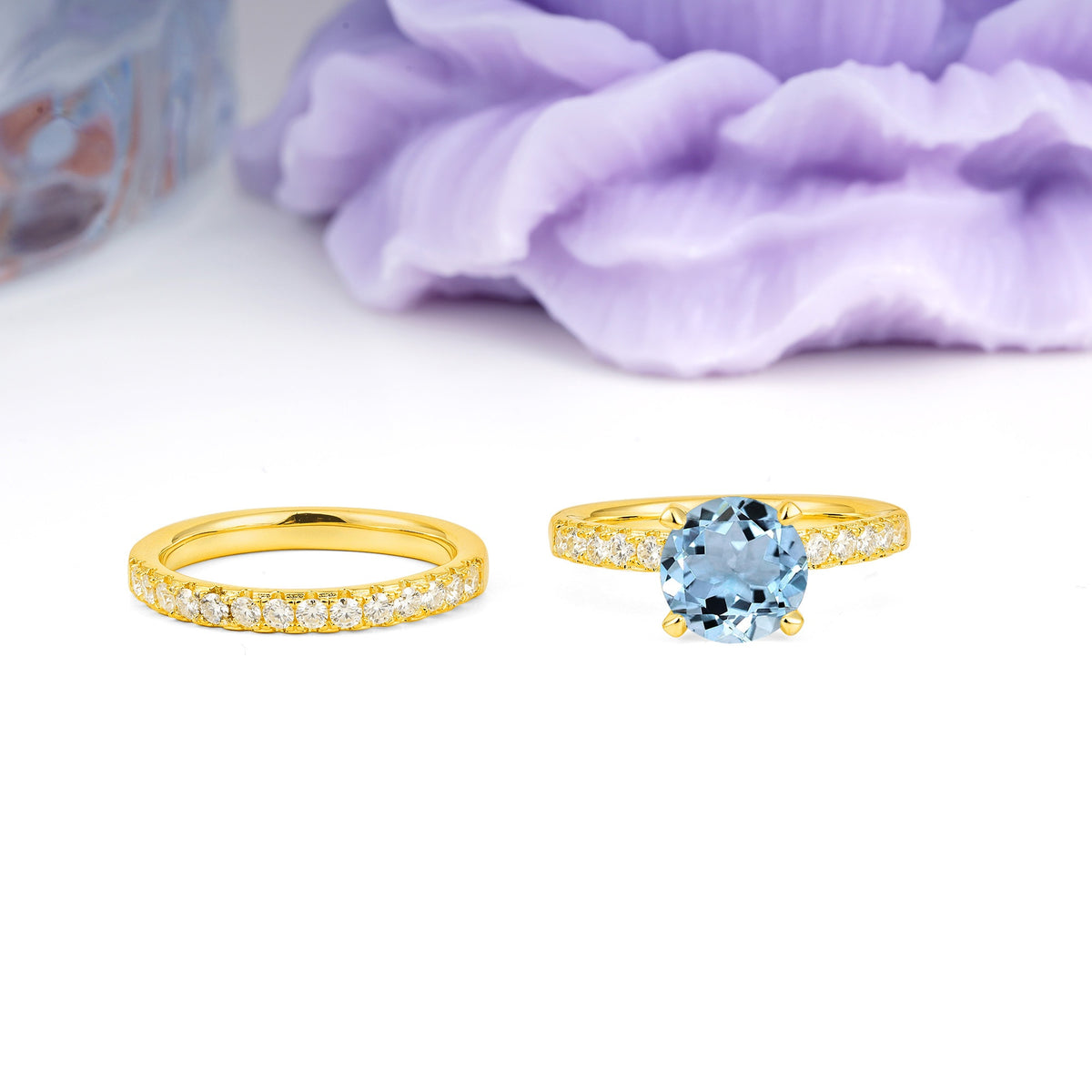 Luxurious and Dazzling 4 Prong Round Cut Aquamarine Bridal Ring Set - Additional view