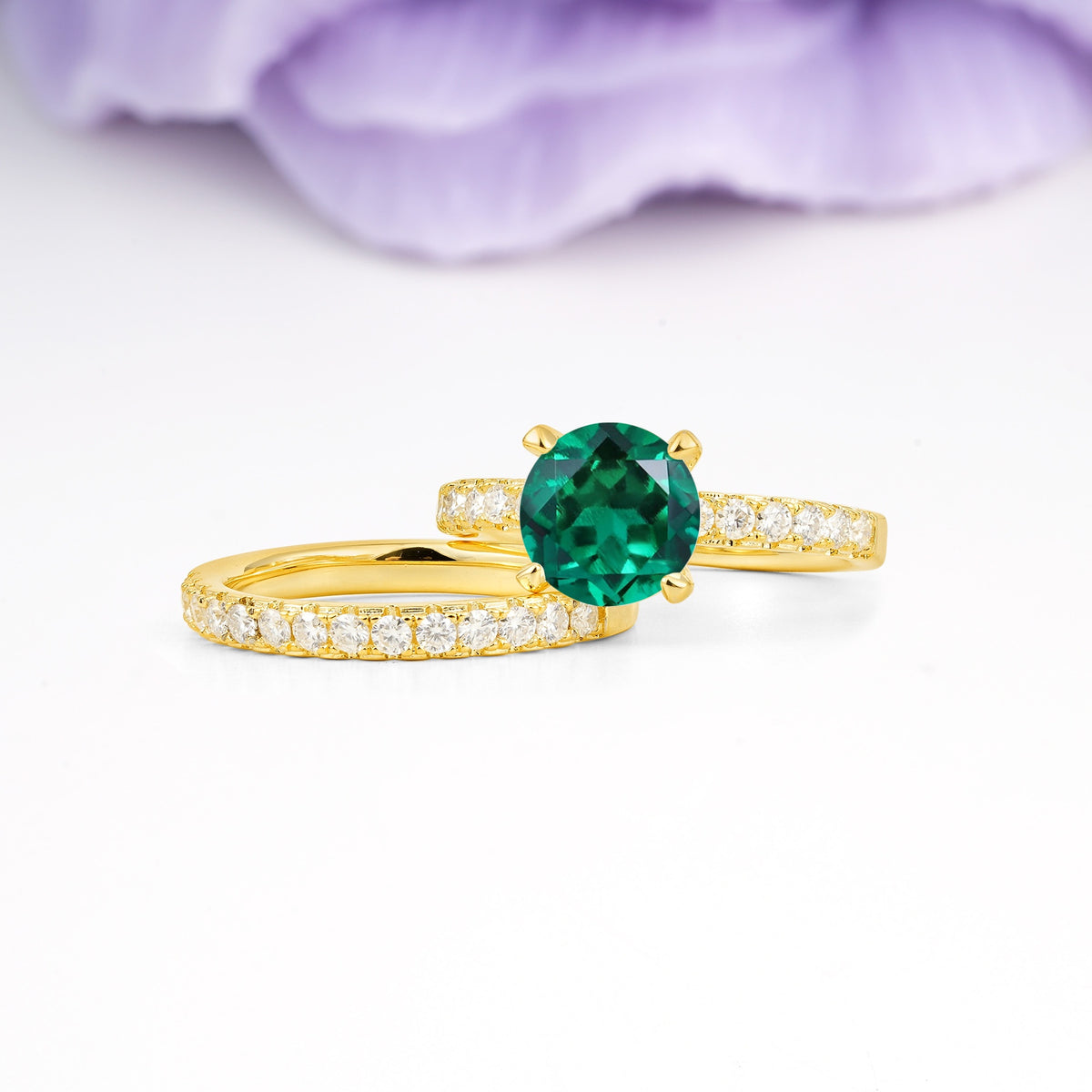 Luxurious and Dazzling 4 Prong Round Cut Emerald Bridal Ring Set - Rose-Gold
