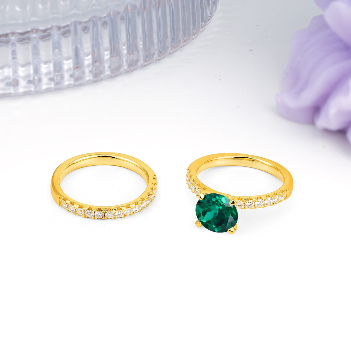 Luxurious and Dazzling 4 Prong Round Cut Emerald Bridal Ring Set - White-Gold
