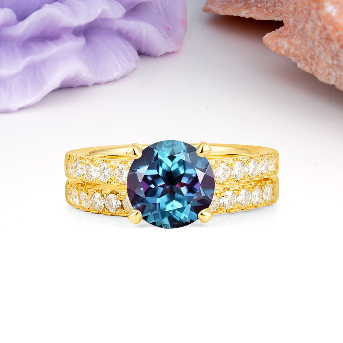 Luxurious and Dazzling 4 Prong Round Cut Alexandrite Bridal Ring Set - Yellow-Gold