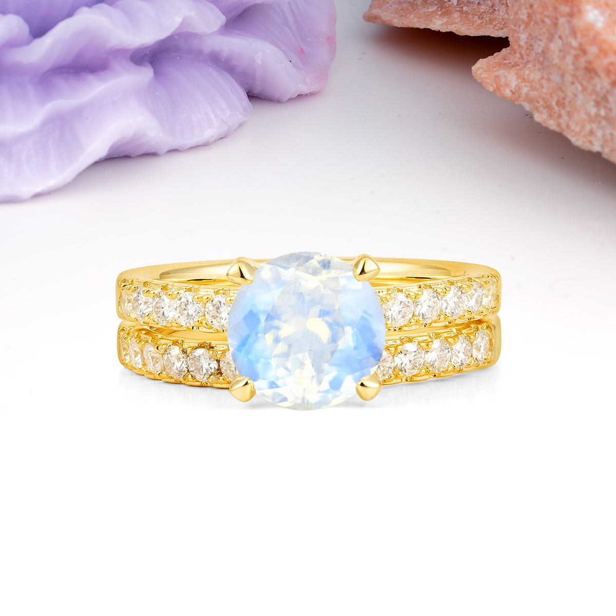 Luxurious and Dazzling 4 Prong Round Cut Moonstone Bridal Ring Set - Yellow-Gold