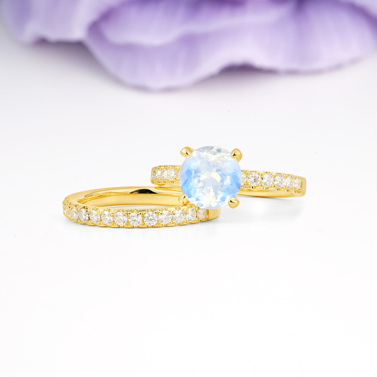 Luxurious and Dazzling 4 Prong Round Cut Moonstone Bridal Ring Set - Rose-Gold