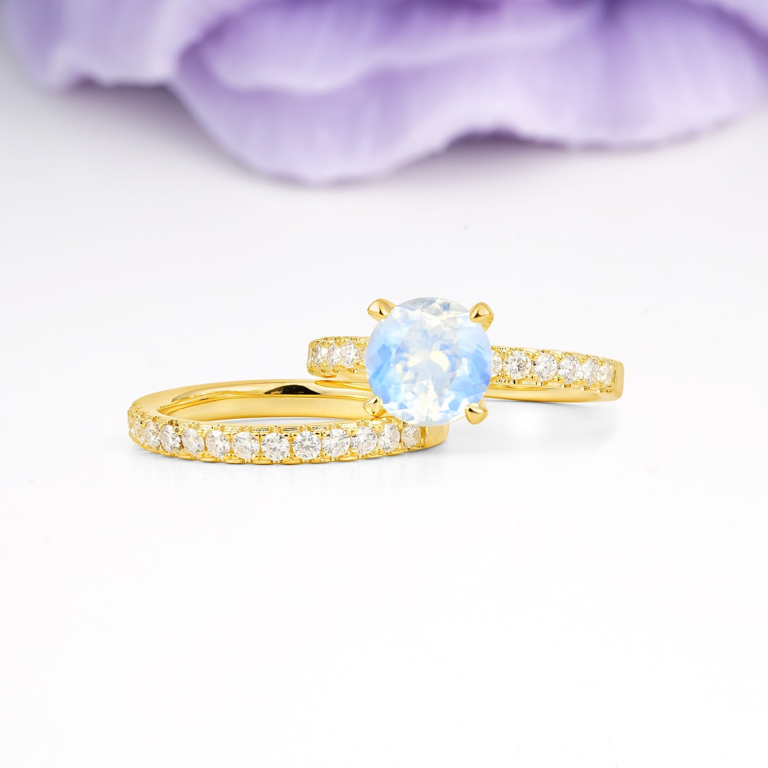 Luxurious and Dazzling 4 Prong Round Cut Moonstone Bridal Ring Set - Rose-Gold