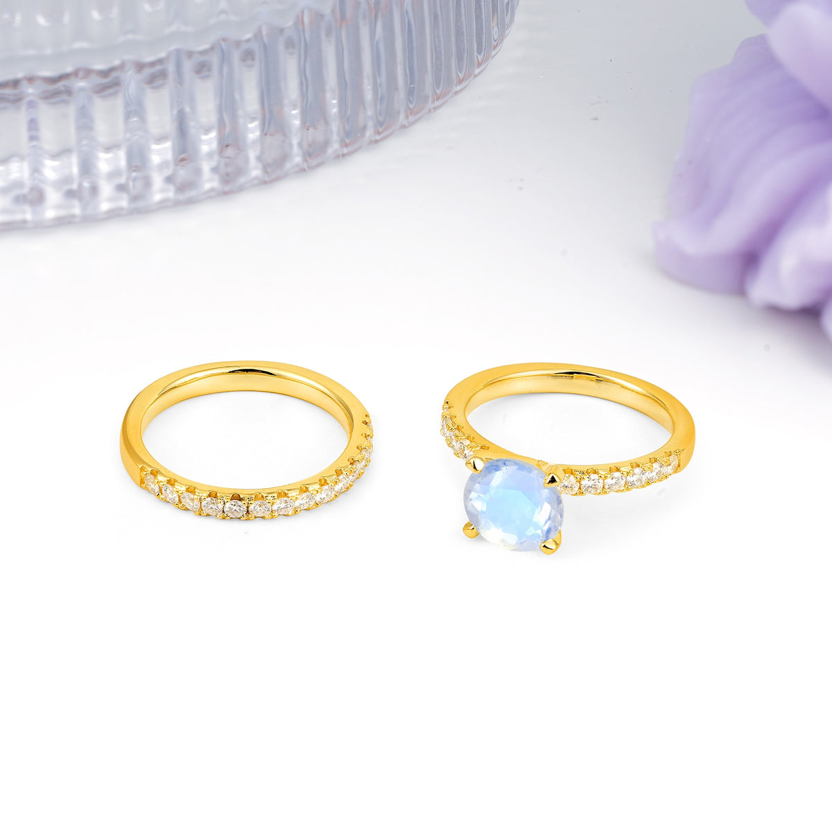 Luxurious and Dazzling 4 Prong Round Cut Moonstone Bridal Ring Set - White-Gold