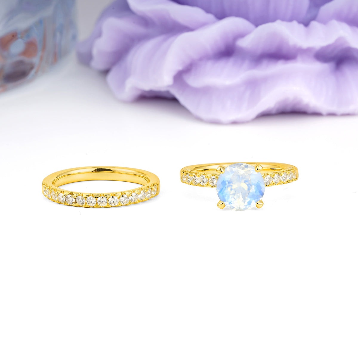 Luxurious and Dazzling 4 Prong Round Cut Moonstone Bridal Ring Set - Additional view