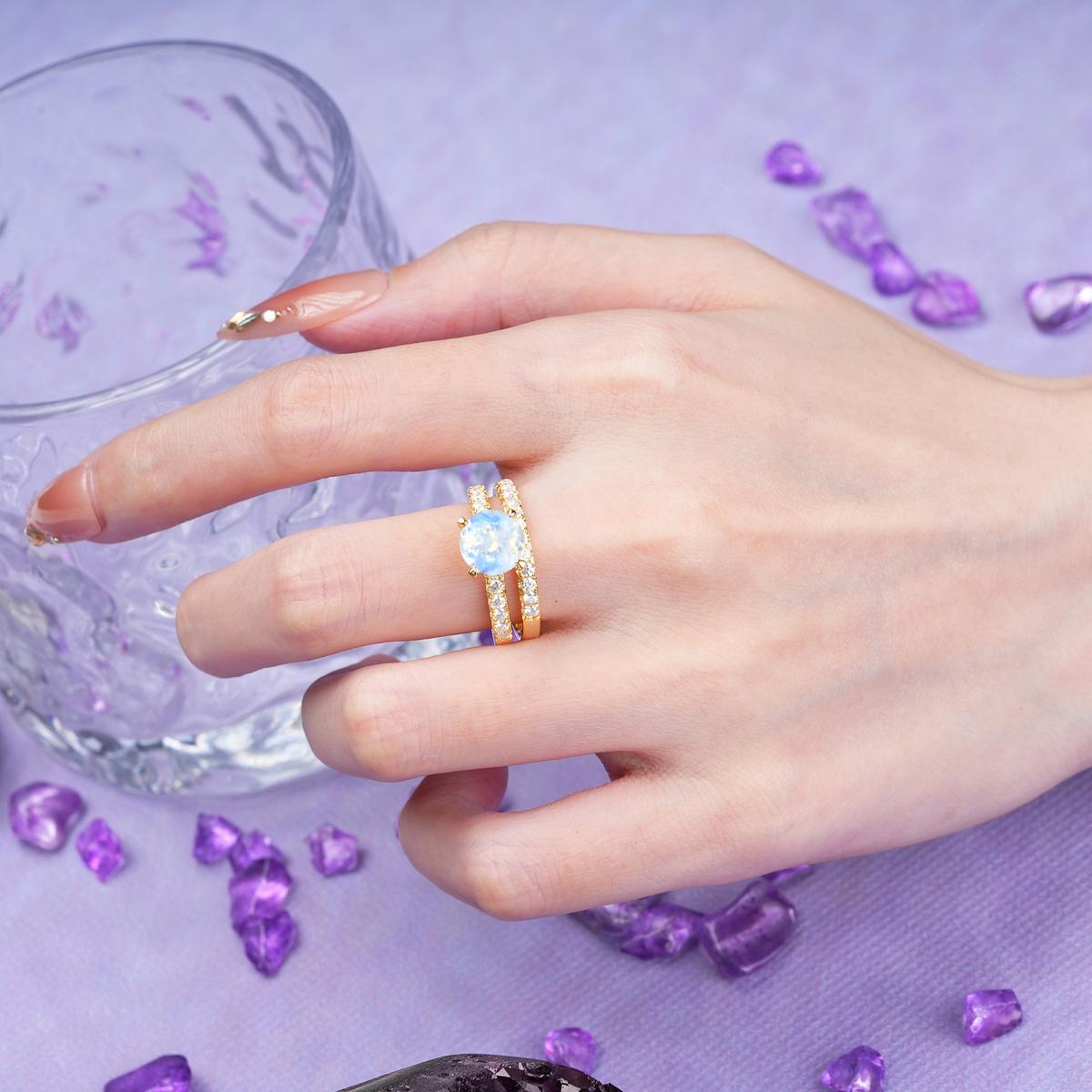 Luxurious and Dazzling 4 Prong Round Cut Moonstone Bridal Ring Set
