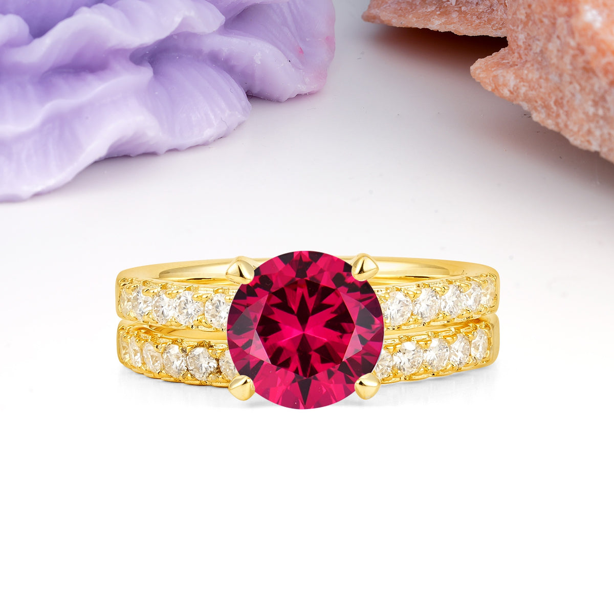 Luxurious and Dazzling 4 Prong Round Cut Ruby Bridal Ring Set - Yellow-Gold