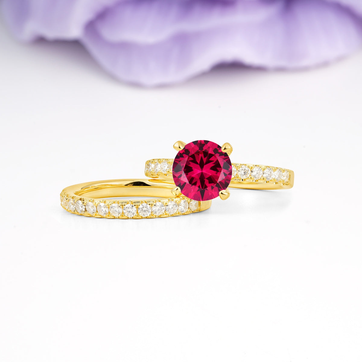Luxurious and Dazzling 4 Prong Round Cut Ruby Bridal Ring Set - Rose-Gold