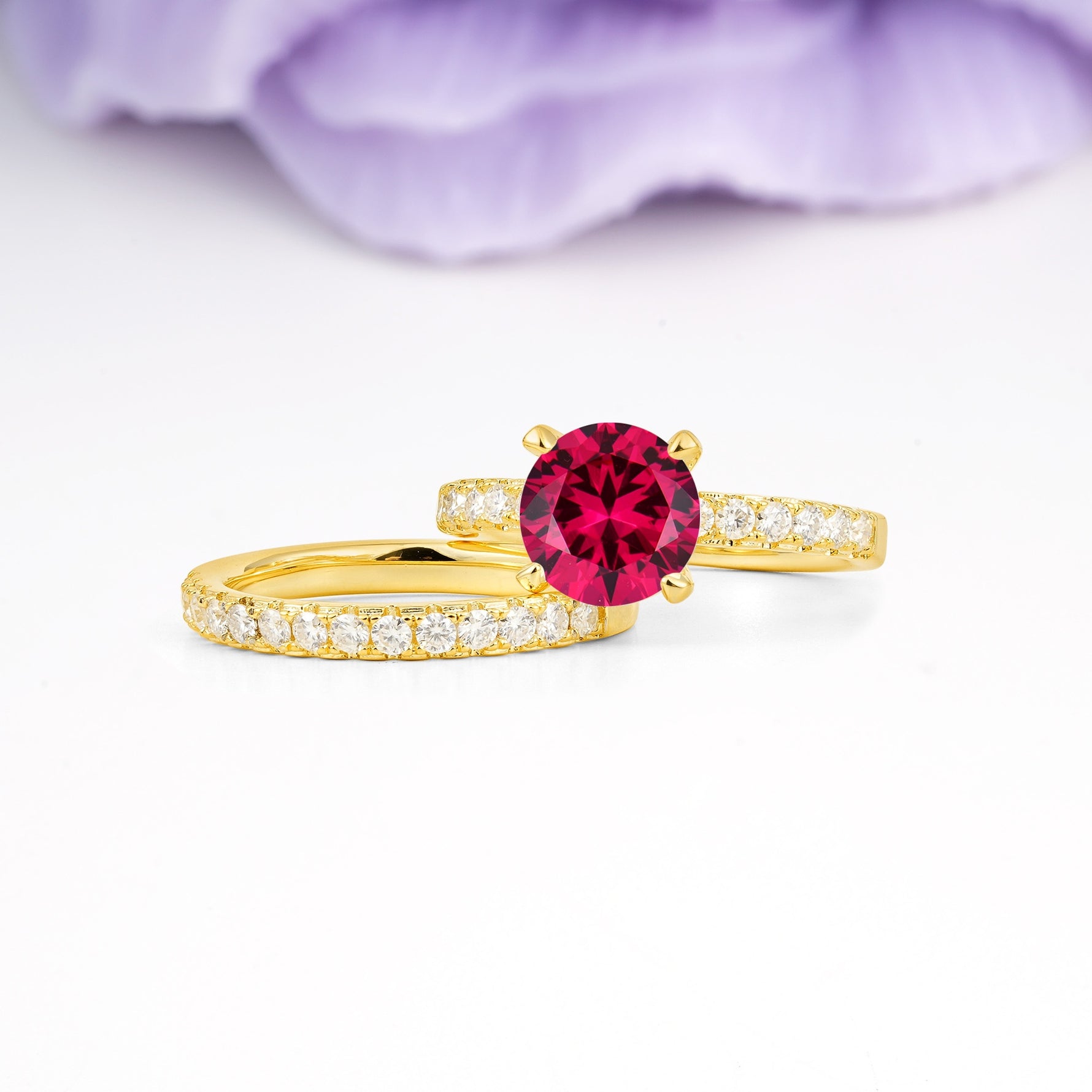 Luxurious and Dazzling 4 Prong Round Cut Ruby Bridal Ring Set - Rose-Gold