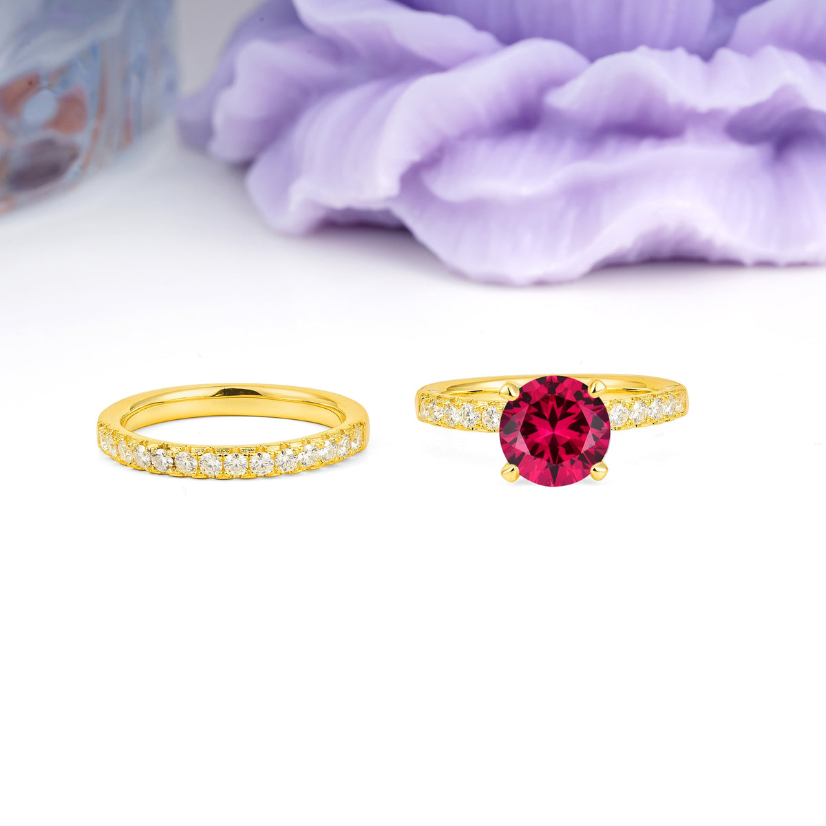 Luxurious and Dazzling 4 Prong Round Cut Ruby Bridal Ring Set - Additional view