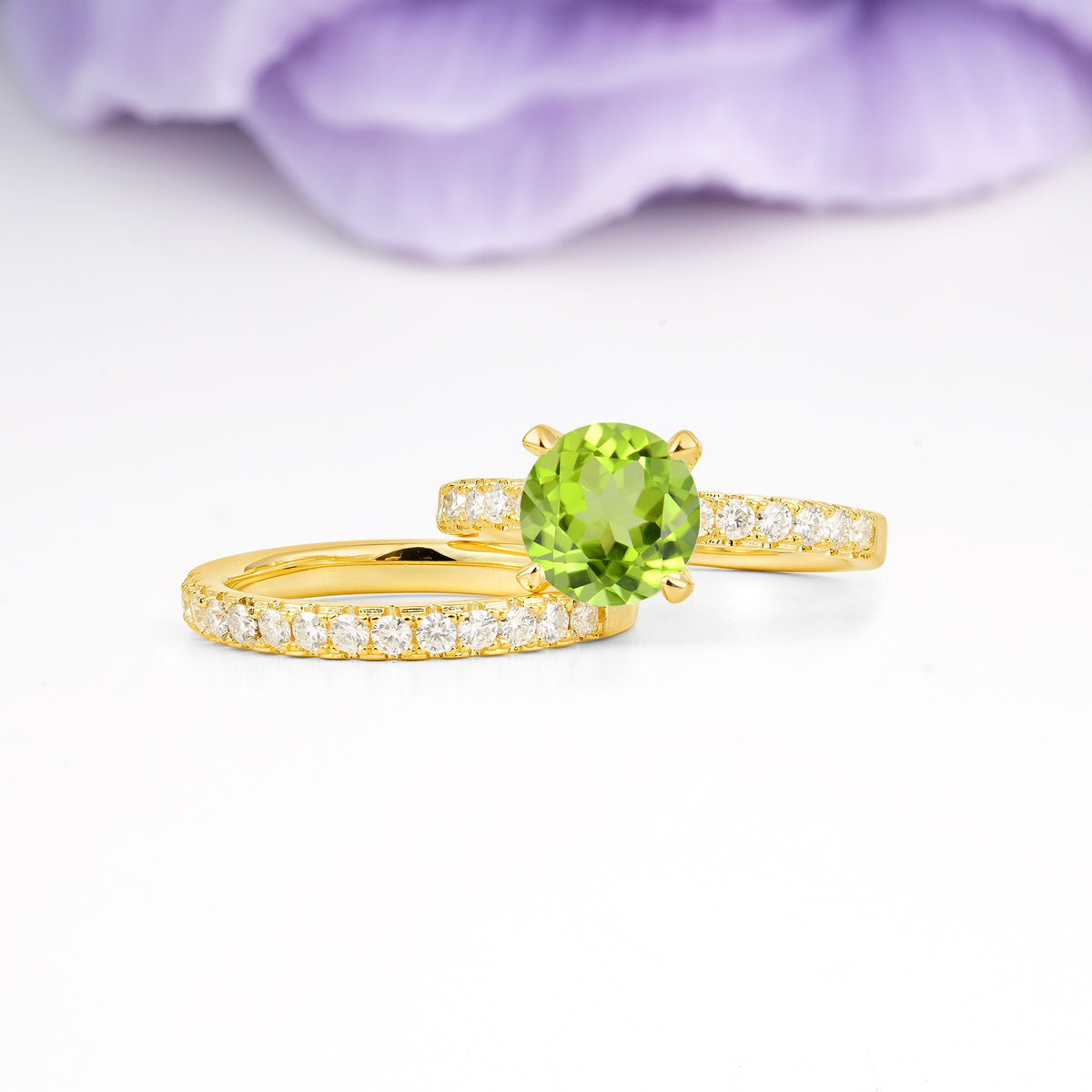 Luxurious and Dazzling 4 Prong Round Cut Peridot Bridal Ring Set - Rose-Gold