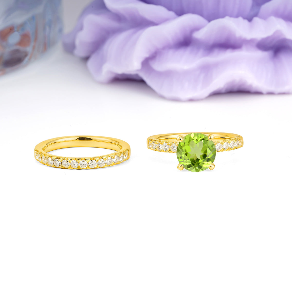 Luxurious and Dazzling 4 Prong Round Cut Peridot Bridal Ring Set - Additional view