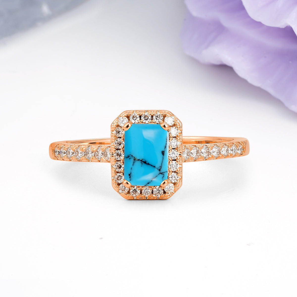 Classic, Luxurious 4 Prong Emerald Cut Turquoise Engagement Ring - Additional view