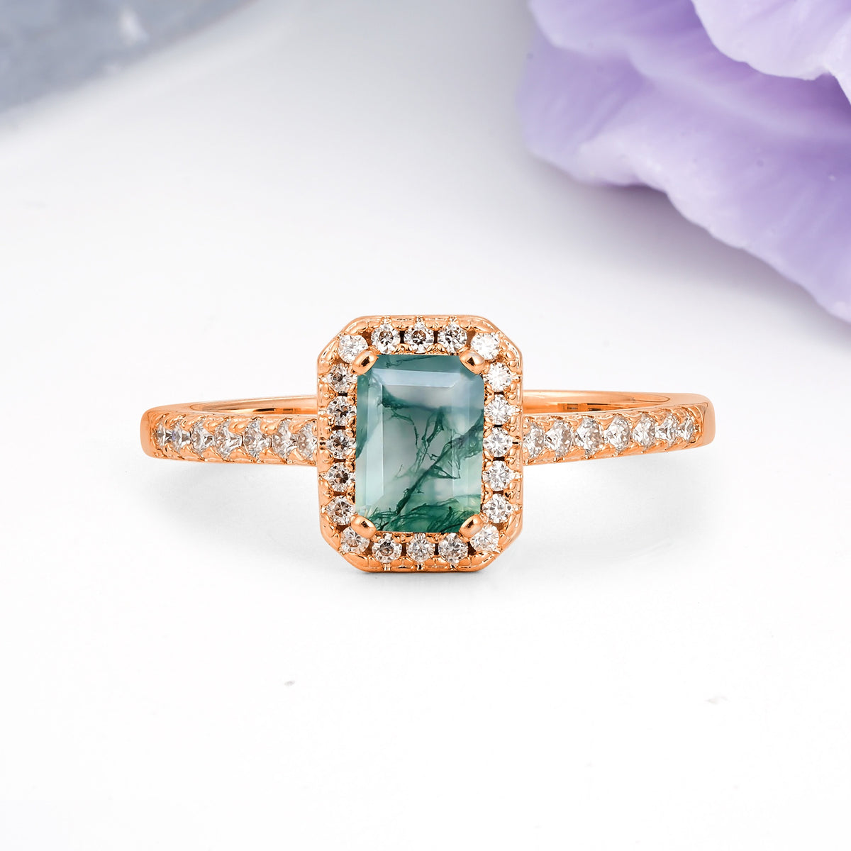 Classic, Luxurious 4 Prong Emerald Cut Moss Agate Engagement Ring - Additional view