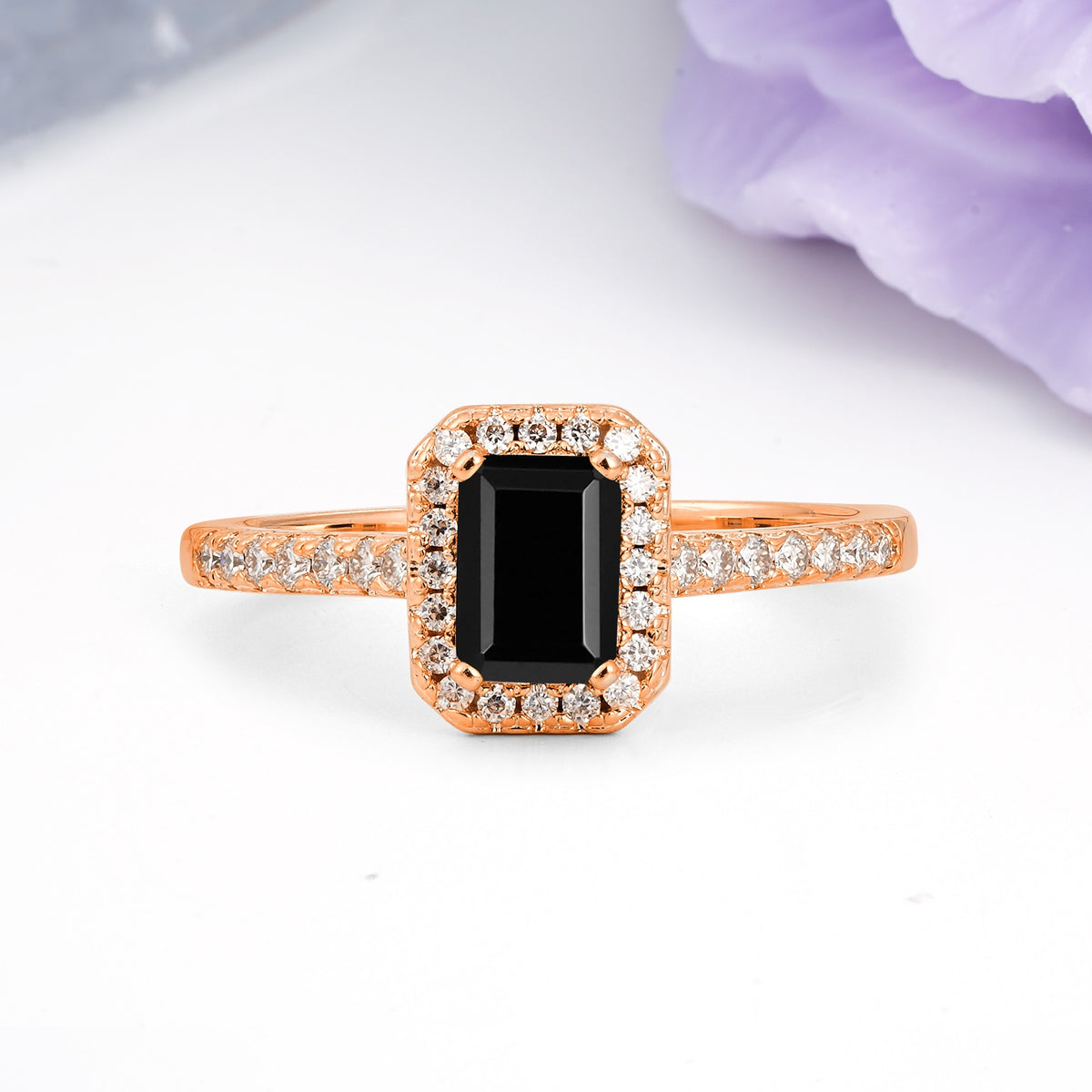 Classic, Luxurious 4 Prong Emerald Cut Black Onyx Engagement Ring - Additional view