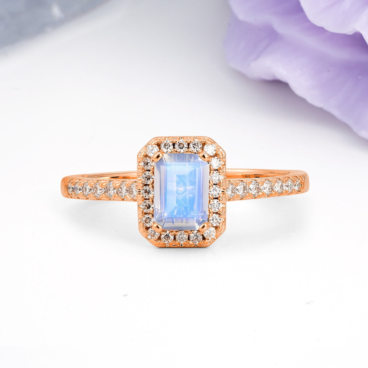Classic, Luxurious 4 Prong Emerald Cut Moonstone Engagement Ring - Additional view