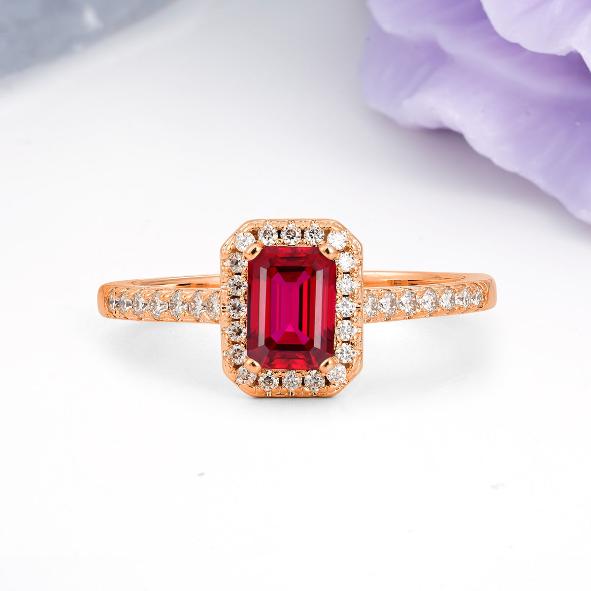 Classic, Luxurious 4 Prong Emerald Cut Ruby Engagement Ring - Additional view