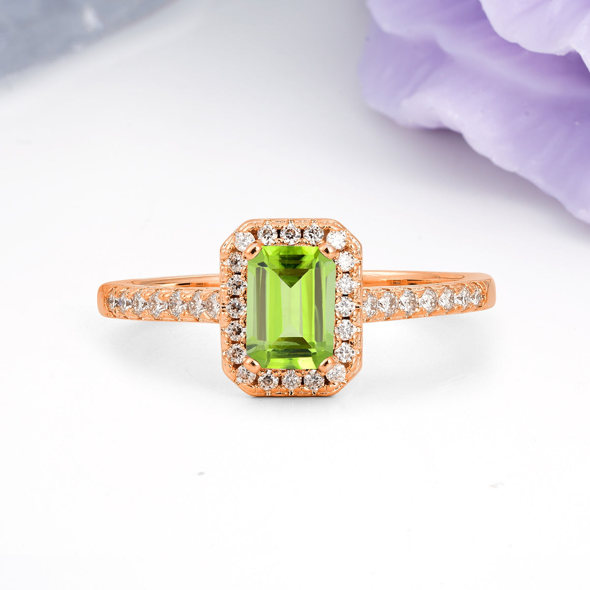 Classic, Luxurious 4 Prong Emerald Cut Peridot Engagement Ring - Additional view
