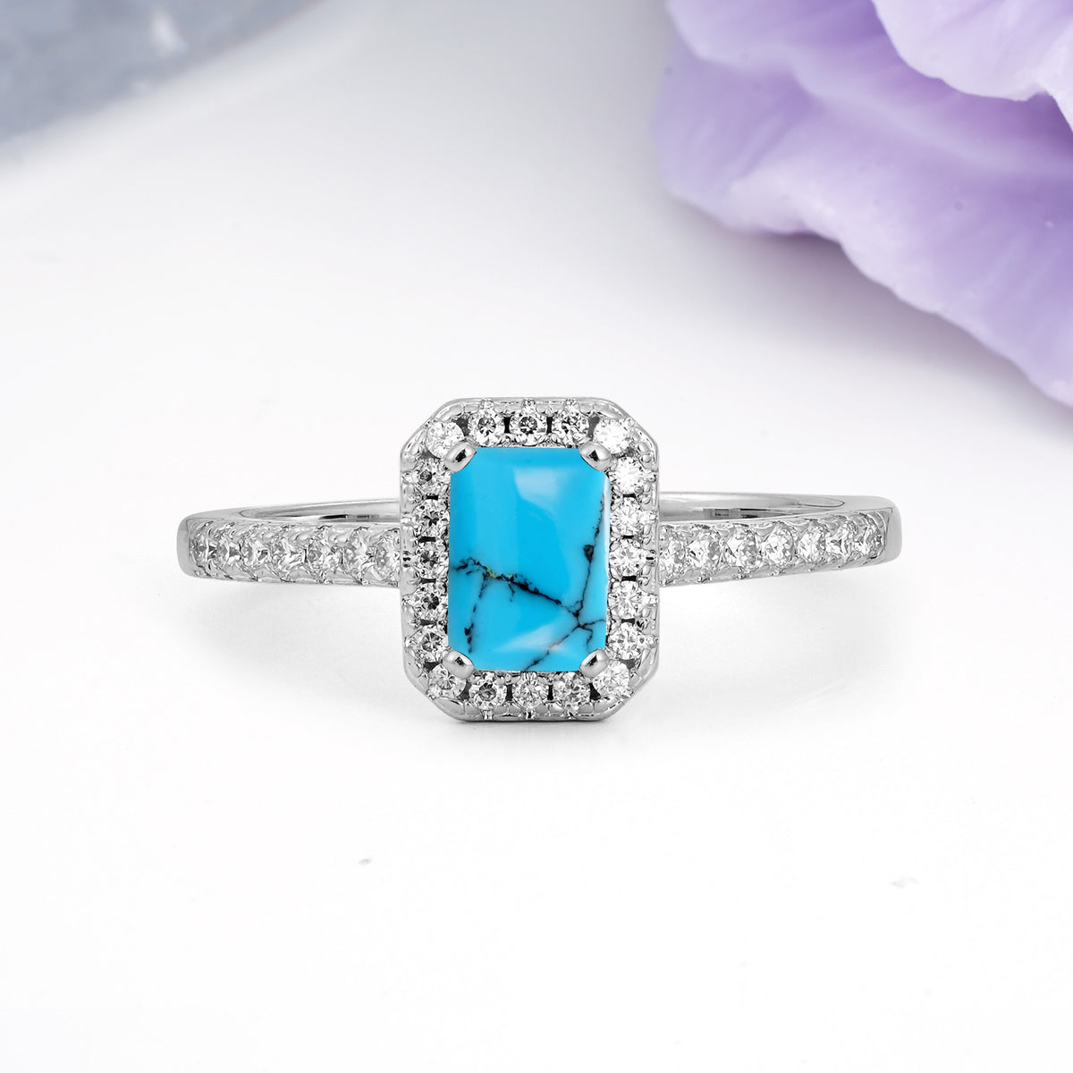 Classic, Luxurious 4 Prong Emerald Cut Turquoise Engagement Ring - Additional view