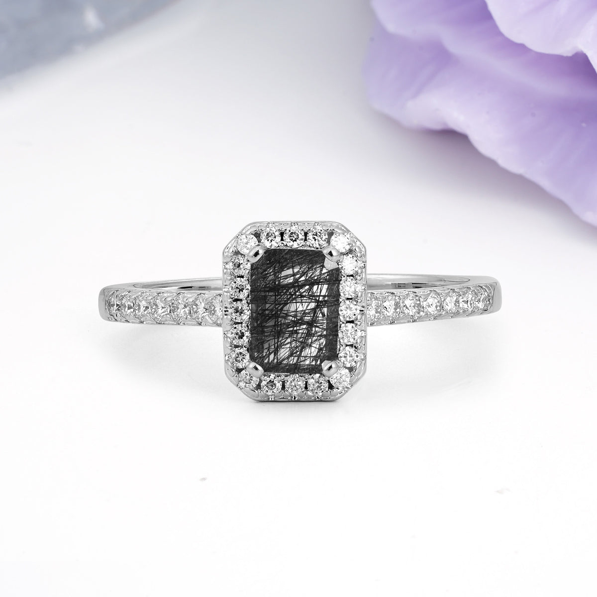 Classic, Luxurious 4 Prong Emerald Cut Black Rutilated Quartz Engagement Ring - Additional view