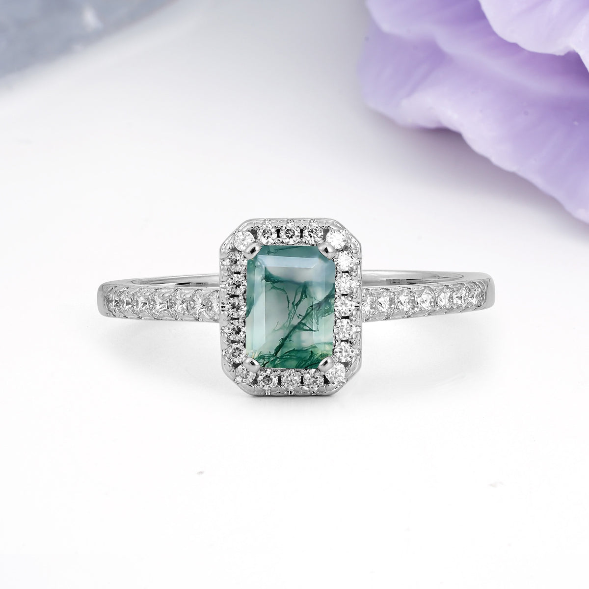 Classic, Luxurious 4 Prong Emerald Cut Moss Agate Engagement Ring - Additional view