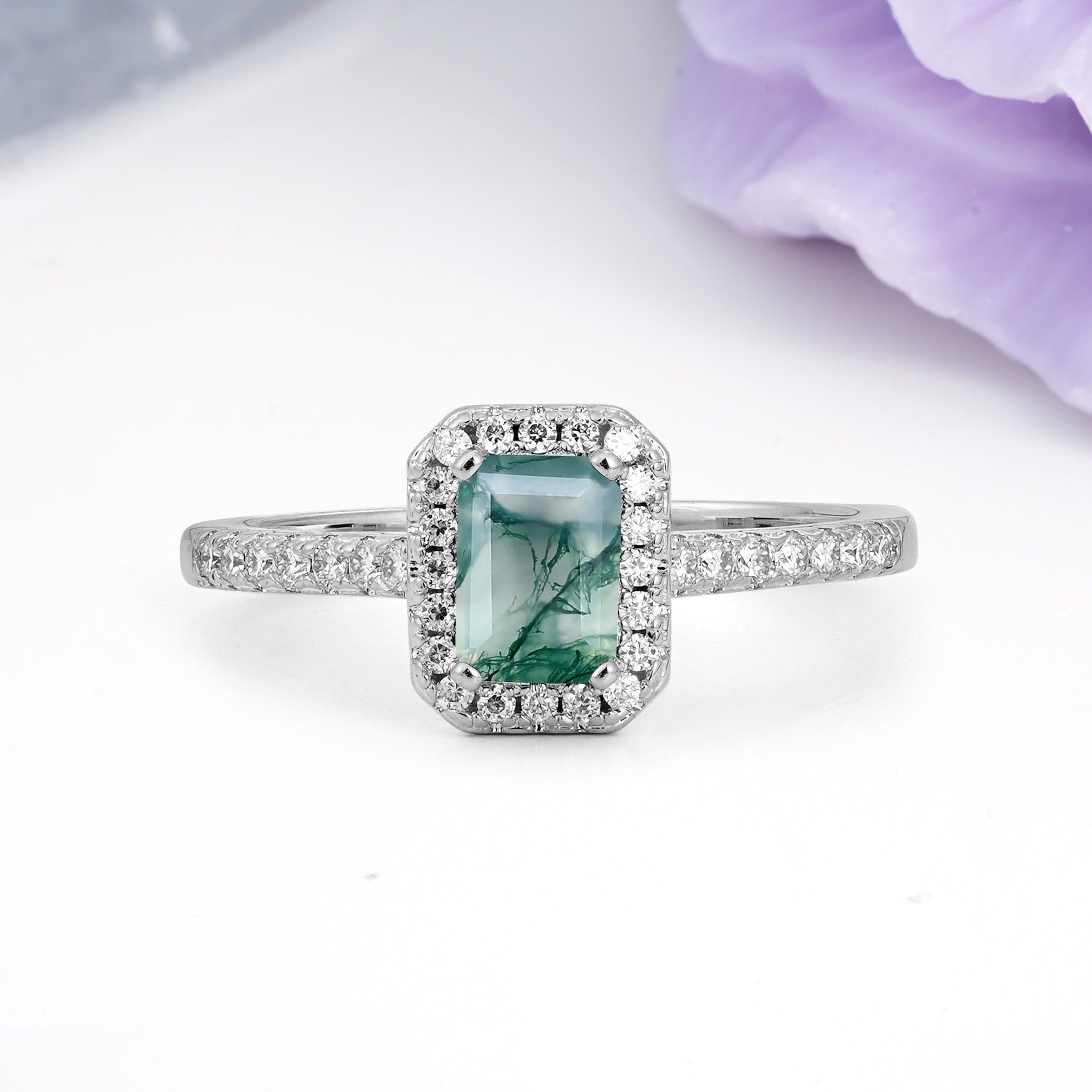 Classic, Luxurious 4 Prong Emerald Cut Moss Agate Engagement Ring - Additional view