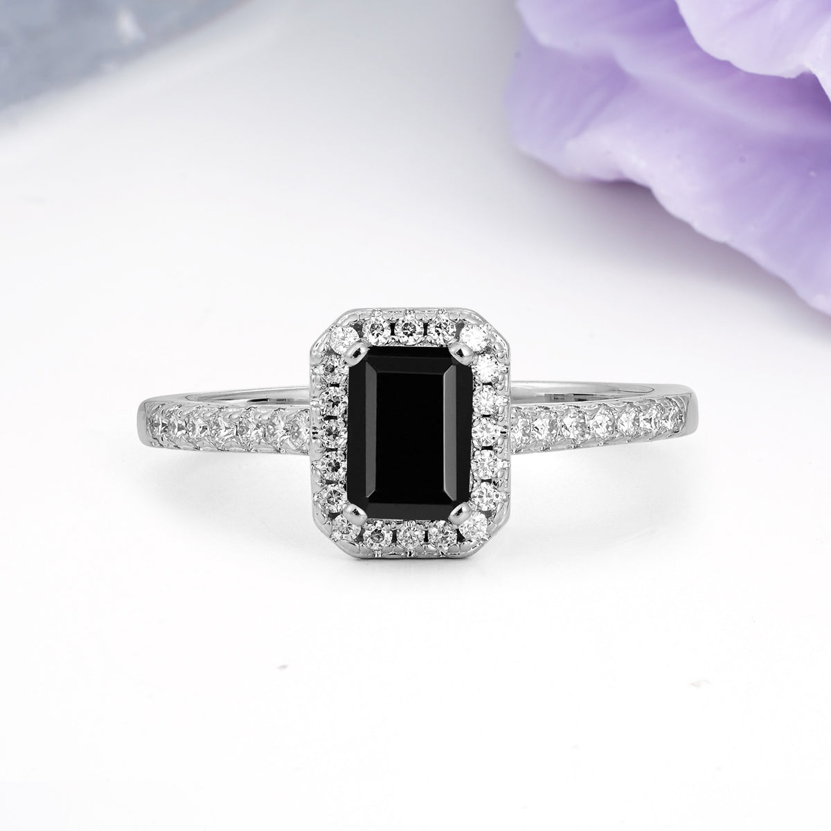 Classic, Luxurious 4 Prong Emerald Cut Black Onyx Engagement Ring - Additional view