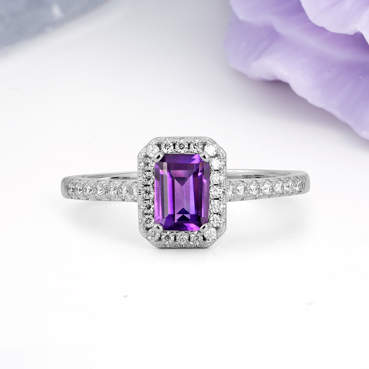 Classic, Luxurious 4 Prong Emerald Cut Amethyst Engagement Ring - Additional view