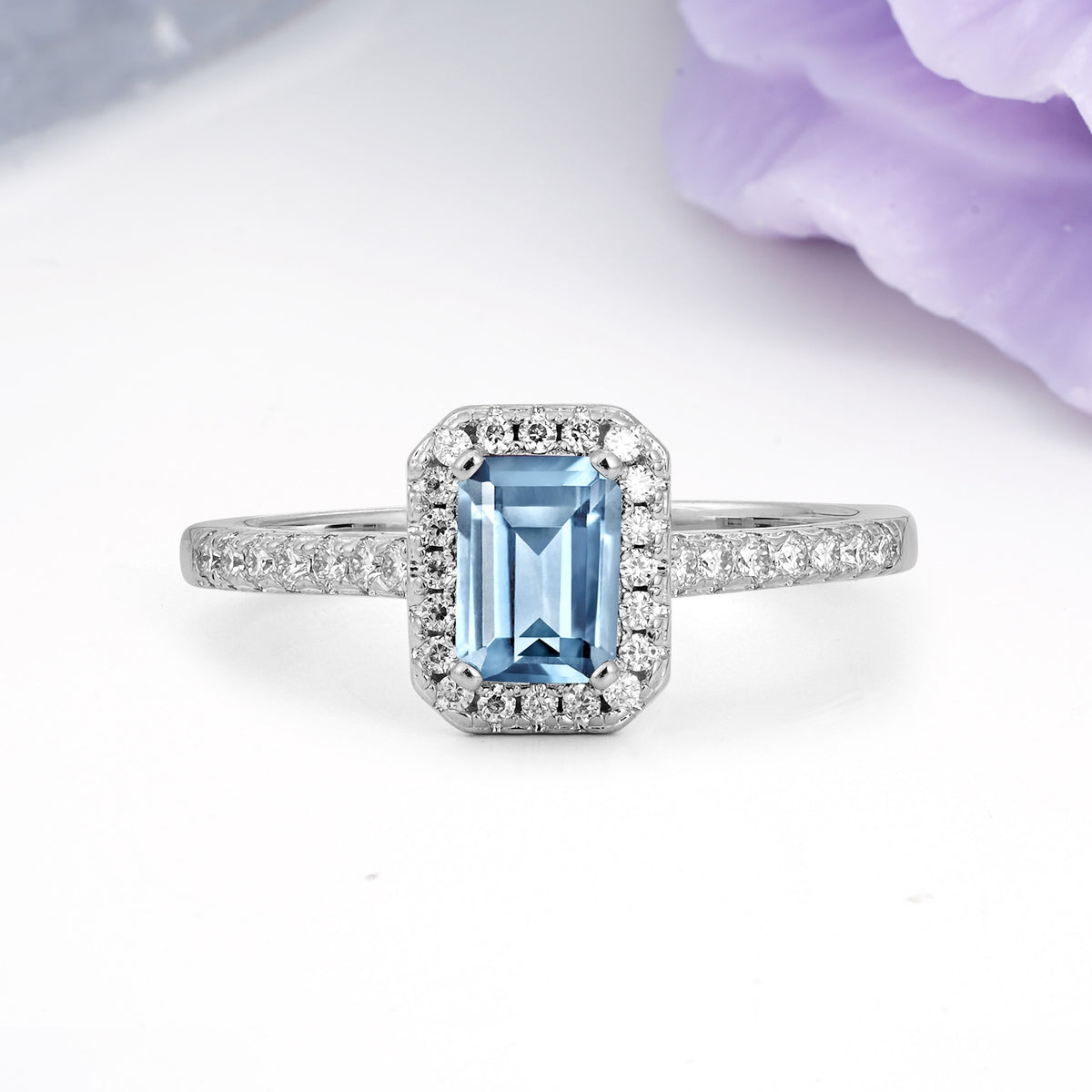 Classic, Luxurious 4 Prong Emerald Cut Aquamarine Engagement Ring - Additional view