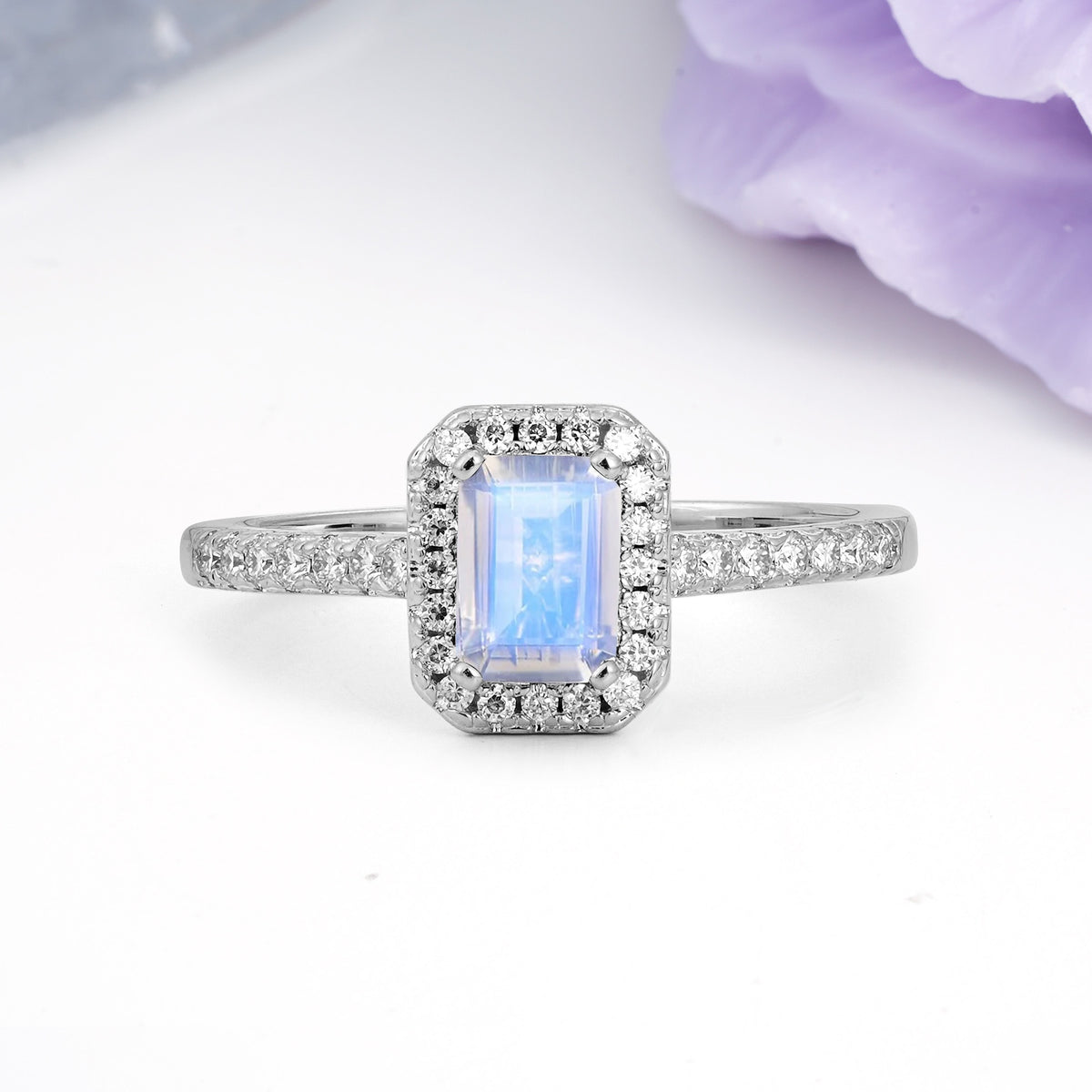 Classic, Luxurious 4 Prong Emerald Cut Moonstone Engagement Ring - Additional view