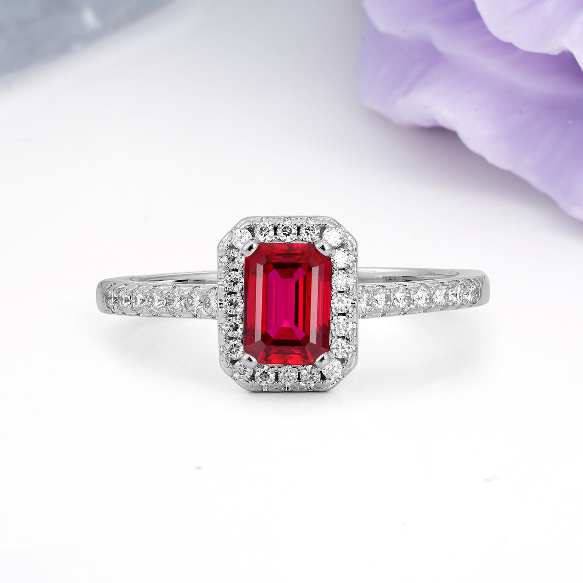 Classic, Luxurious 4 Prong Emerald Cut Ruby Engagement Ring - Additional view