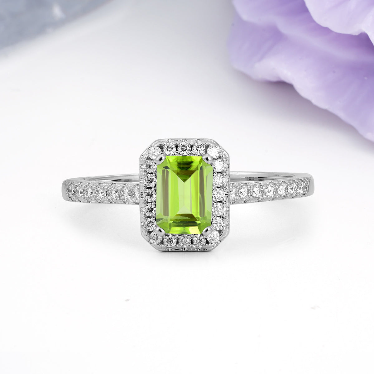 Classic, Luxurious 4 Prong Emerald Cut Peridot Engagement Ring - Additional view