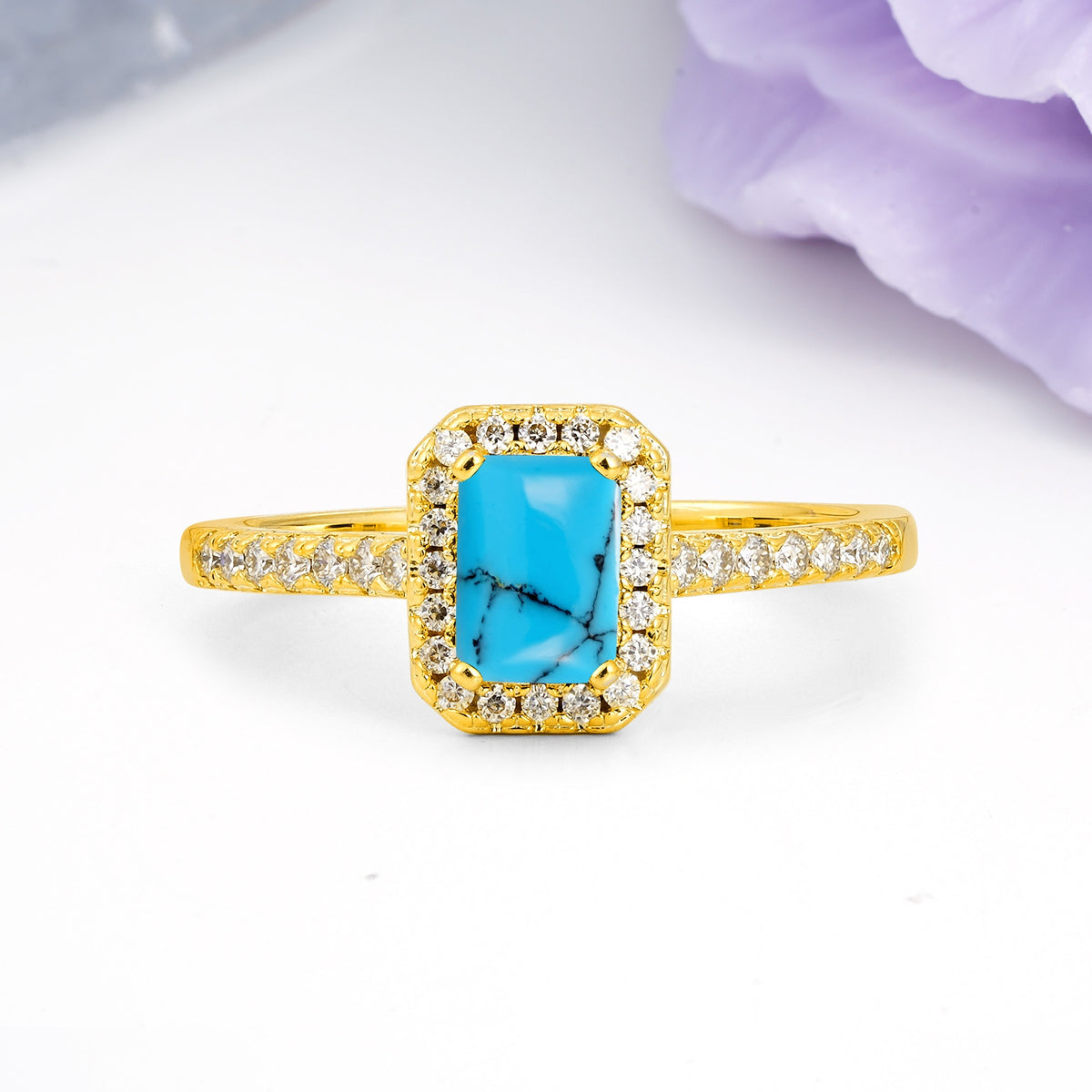 Classic, Luxurious 4 Prong Emerald Cut Turquoise Engagement Ring - Additional view