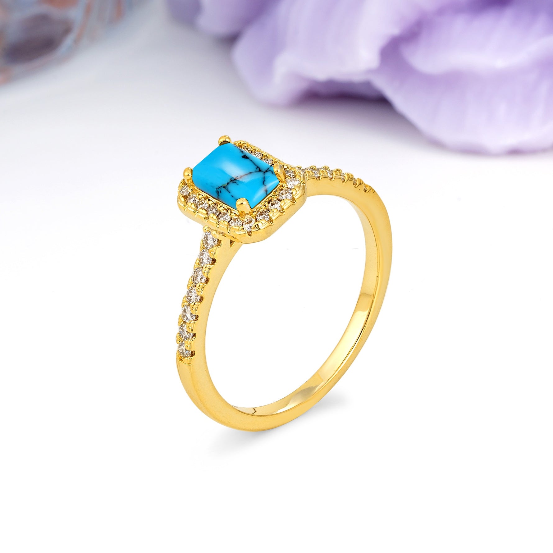 Classic, Luxurious 4 Prong Emerald Cut Turquoise Engagement Ring - Additional view