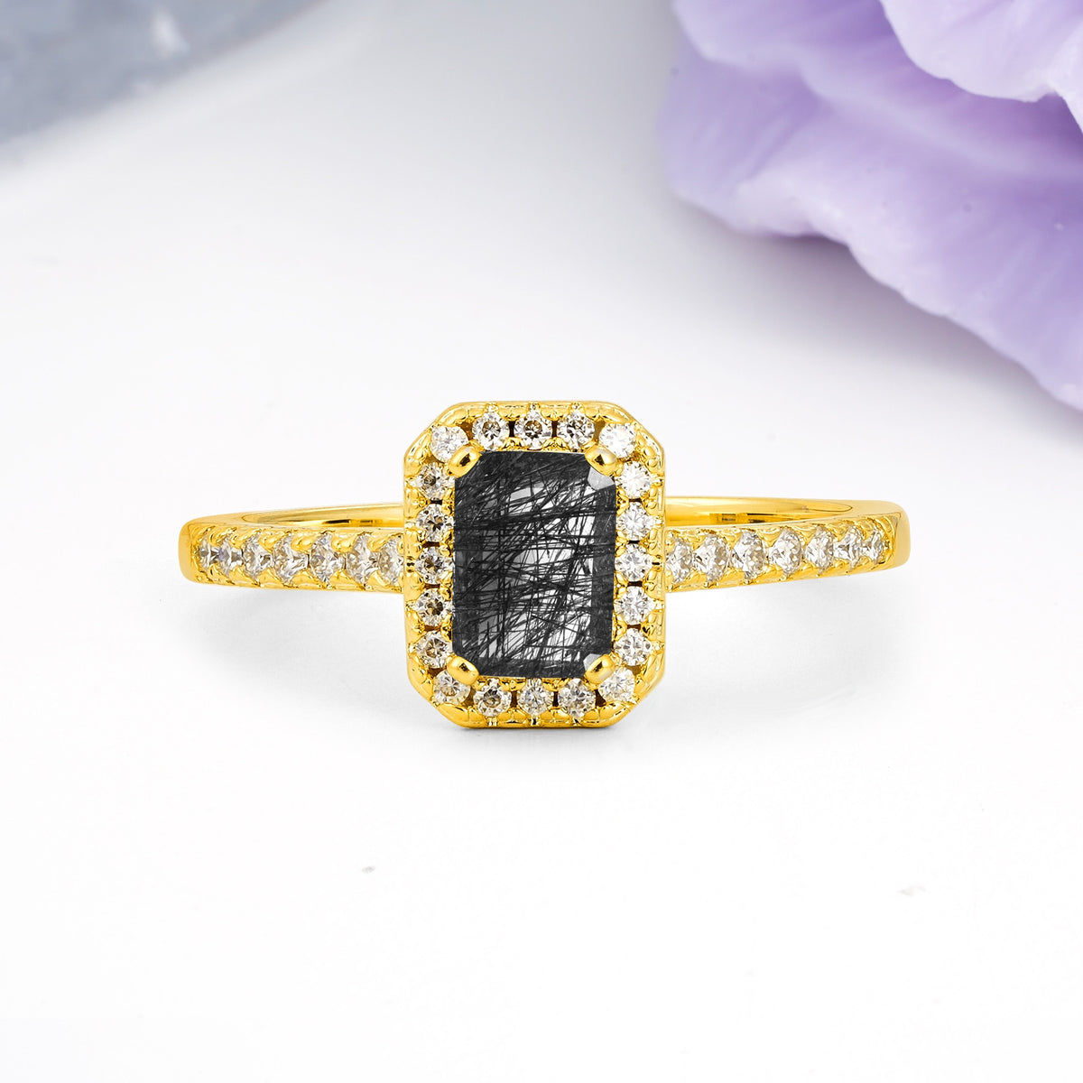 Classic, Luxurious 4 Prong Emerald Cut Black Rutilated Quartz Engagement Ring - Additional view