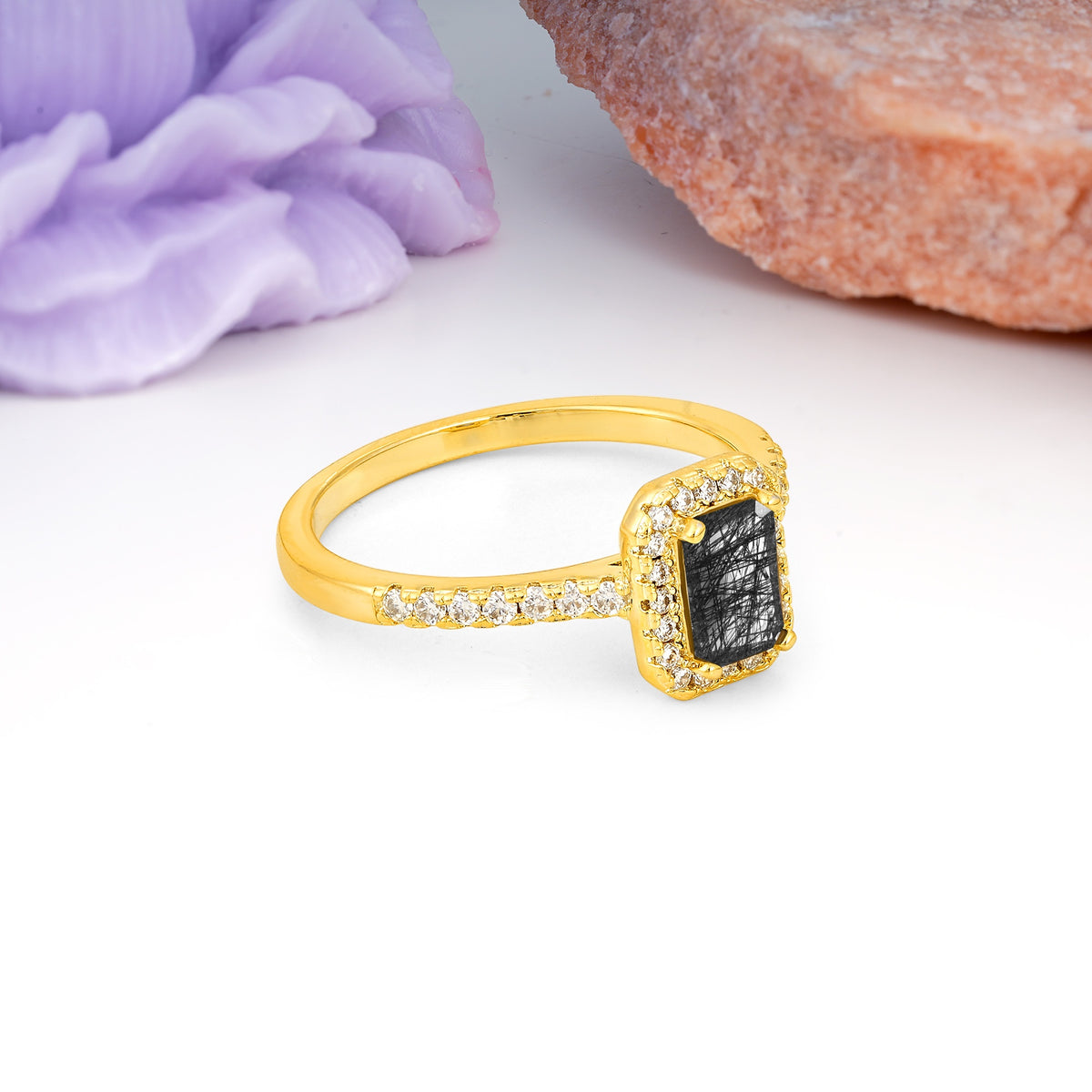 Classic, Luxurious 4 Prong Emerald Cut Black Rutilated Quartz Engagement Ring - Additional view