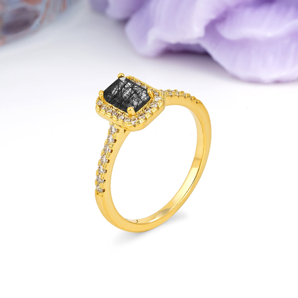 Classic, Luxurious 4 Prong Emerald Cut Black Rutilated Quartz Engagement Ring - Additional view