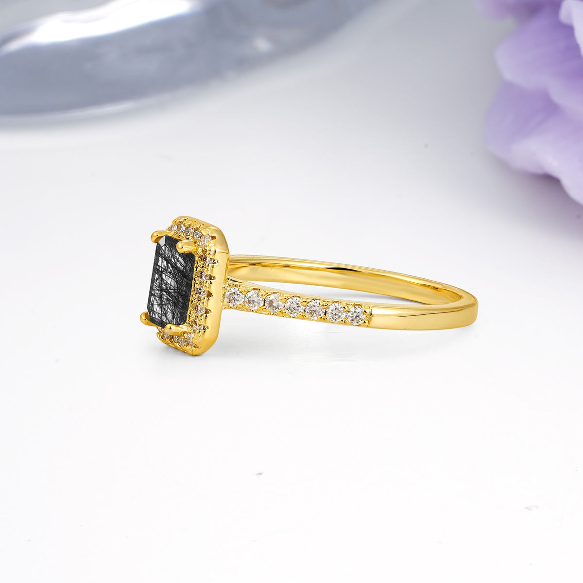 Classic, Luxurious 4 Prong Emerald Cut Black Rutilated Quartz Engagement Ring - Additional view