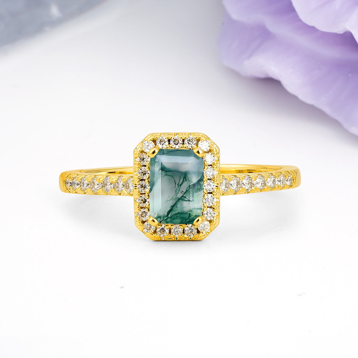 Classic, Luxurious 4 Prong Emerald Cut Moss Agate Engagement Ring - Additional view
