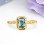 Classic, Luxurious 4 Prong Emerald Cut Moss Agate Engagement Ring - Additional view
