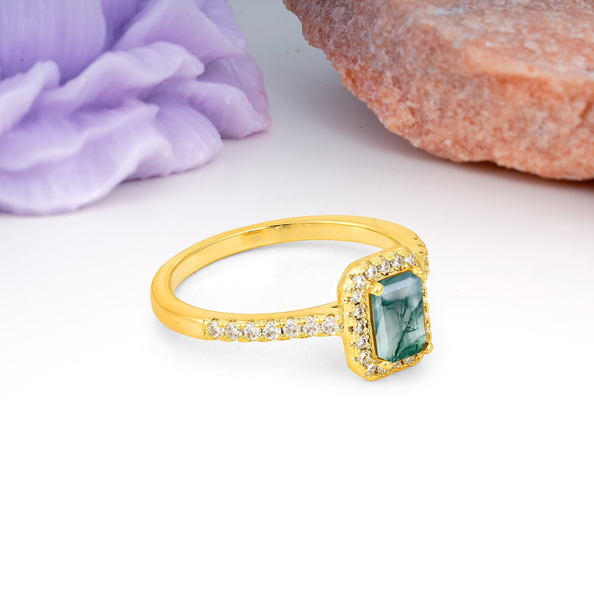 Classic, Luxurious 4 Prong Emerald Cut Moss Agate Engagement Ring - Additional view