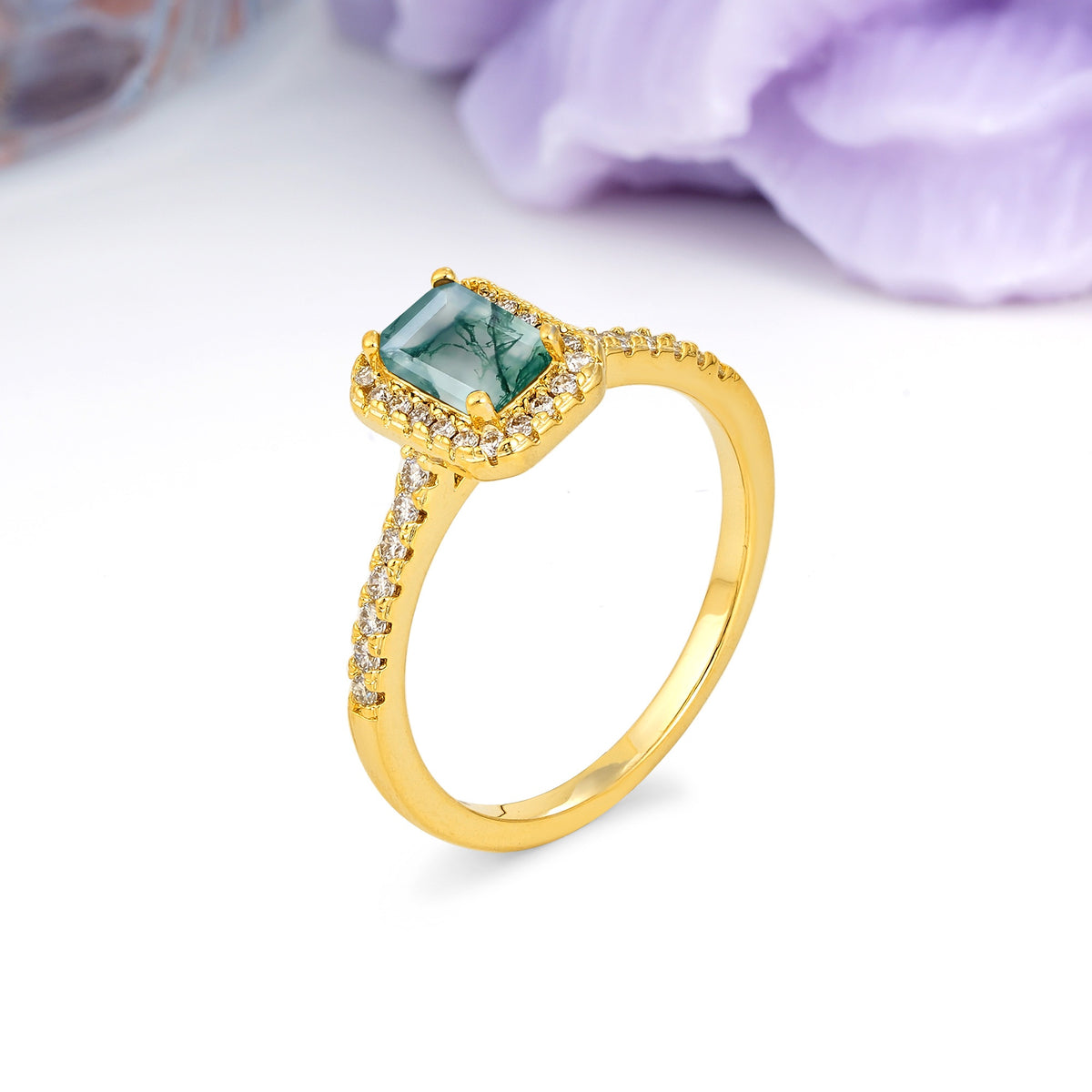 Classic, Luxurious 4 Prong Emerald Cut Moss Agate Engagement Ring - Additional view