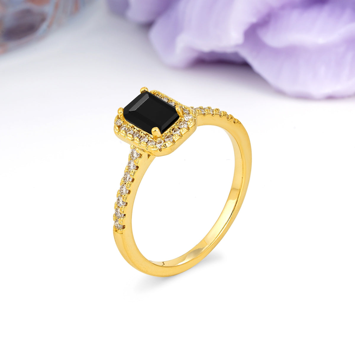 Classic, Luxurious 4 Prong Emerald Cut Black Onyx Engagement Ring - Additional view